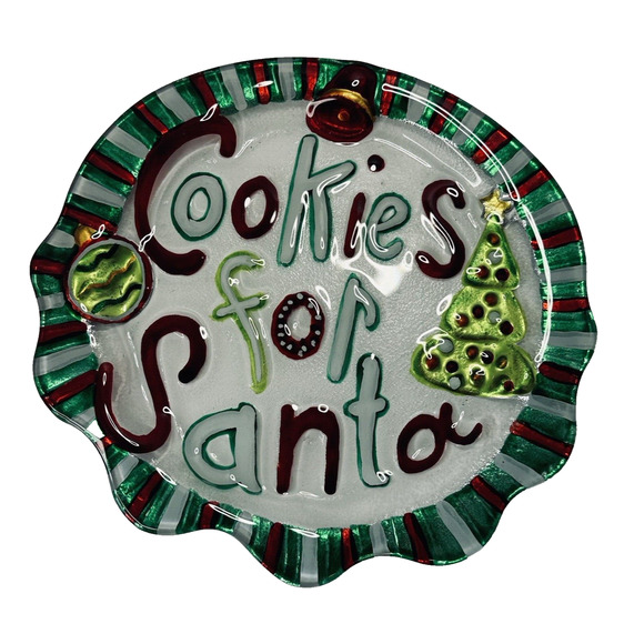 Cookies for Santa Glass Plate Christmas Tree Ornament Bell, 7.75 in Red Green - Picture 1 of 7